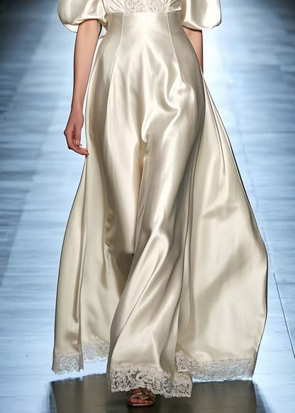 French Beige Puff Sleeve Patchwork Lace Silk Dress Lantern Sleeve