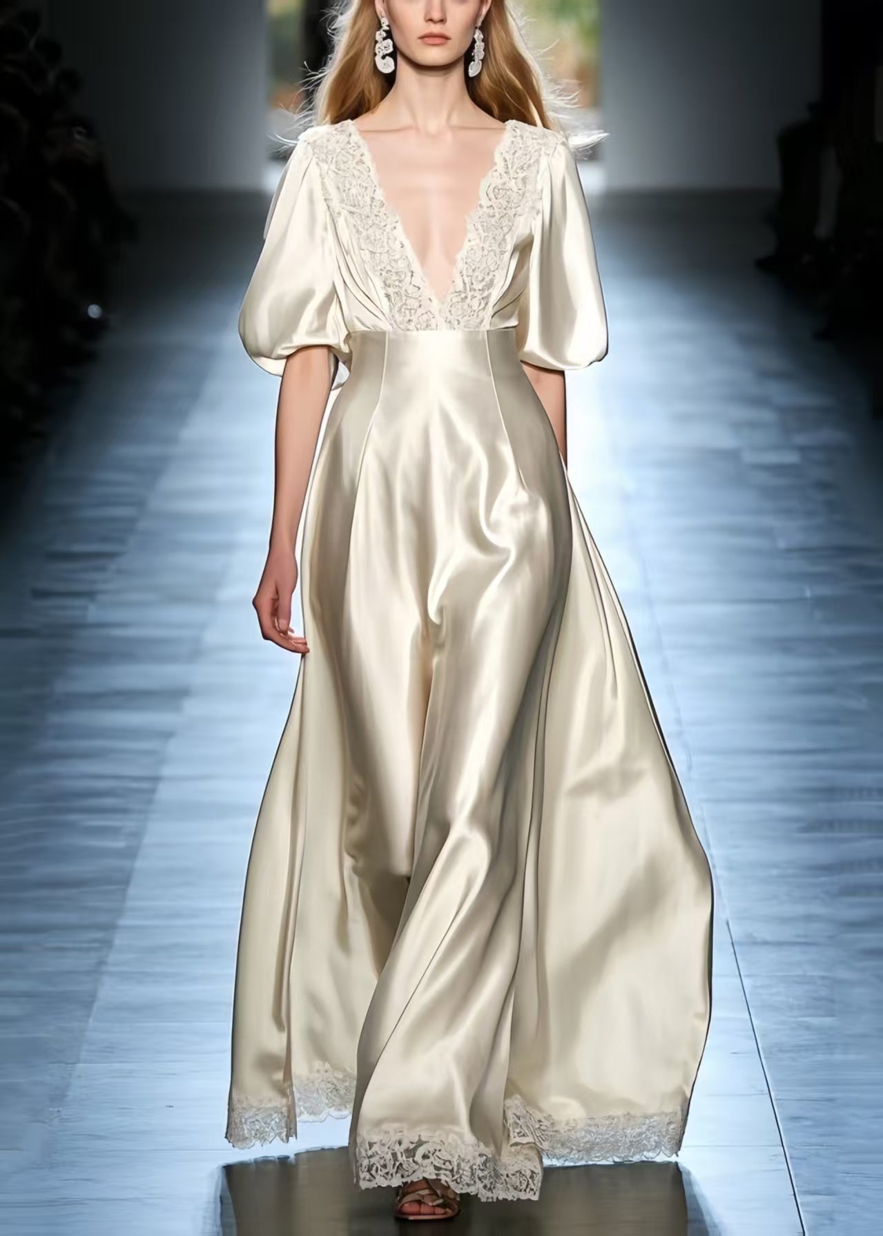 French Beige Puff Sleeve Patchwork Lace Silk Dress Lantern Sleeve