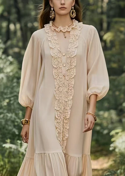 French Beige Ruffled Chiffon Ankle Dress Lantern Sleeve