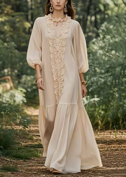 French Beige Ruffled Chiffon Ankle Dress Lantern Sleeve