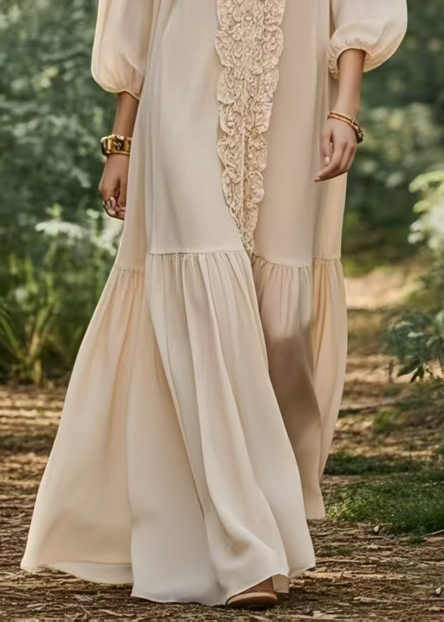 French Beige Ruffled Chiffon Ankle Dress Lantern Sleeve