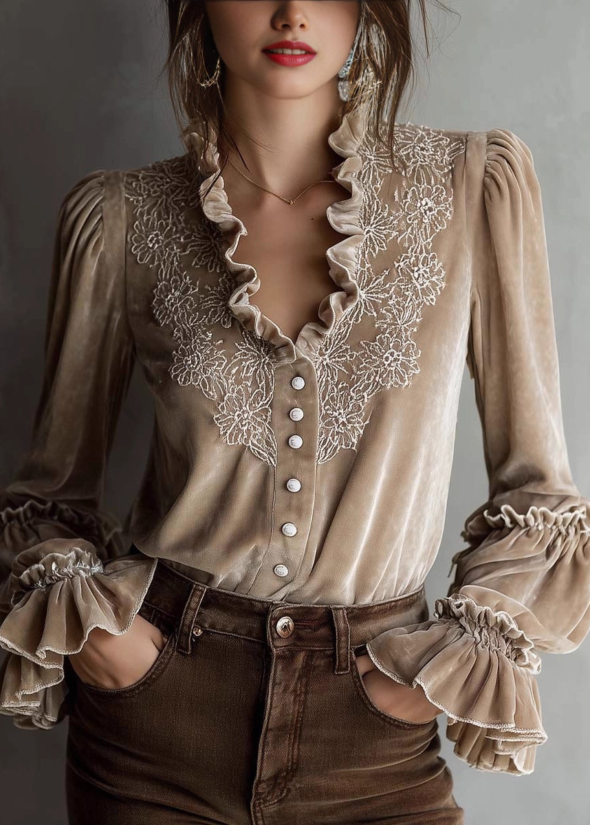 French Beige Ruffled Embroidered Patchwork Velour Tops Fall