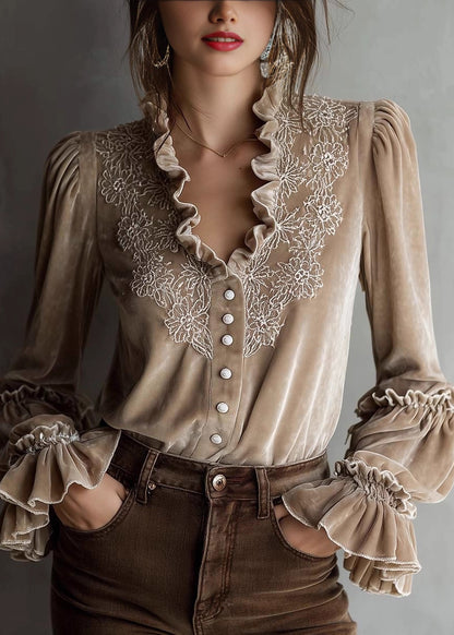 French Beige Ruffled Embroidered Patchwork Velour Tops Fall