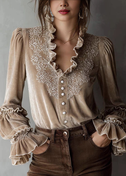 French Beige Ruffled Embroidered Patchwork Velour Tops Fall
