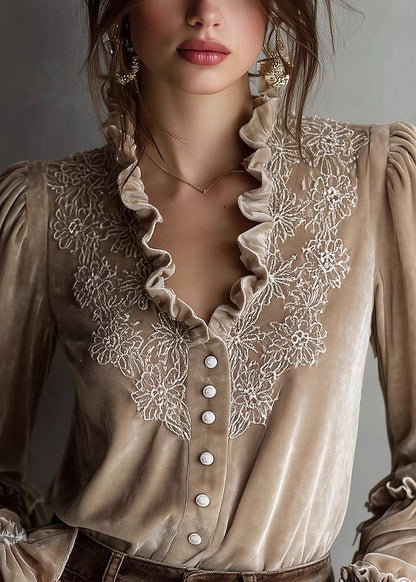 French Beige Ruffled Embroidered Patchwork Velour Tops Fall