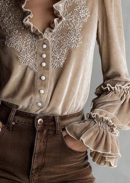 French Beige Ruffled Embroidered Patchwork Velour Tops Fall