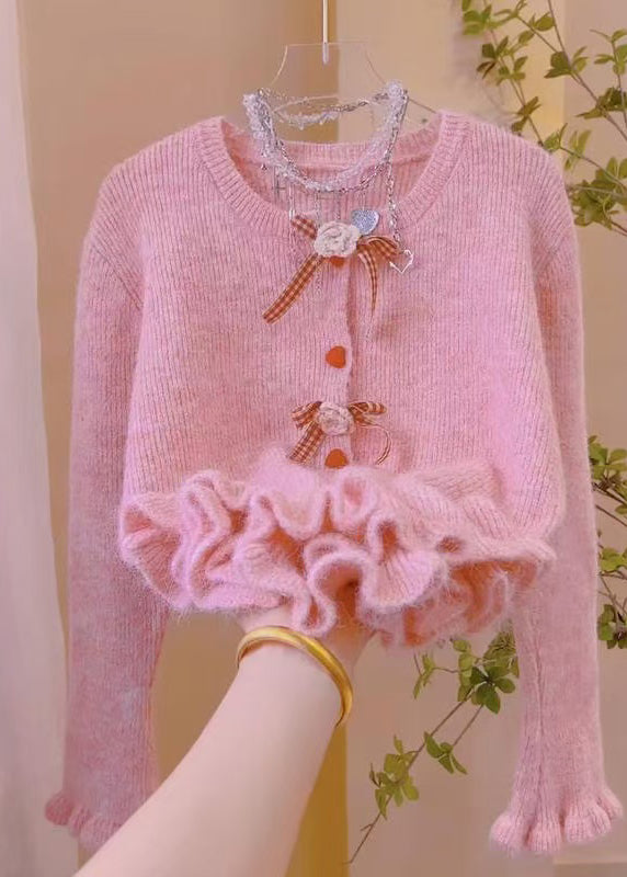 French Beige Ruffled Floral Knit Sweaters Spring