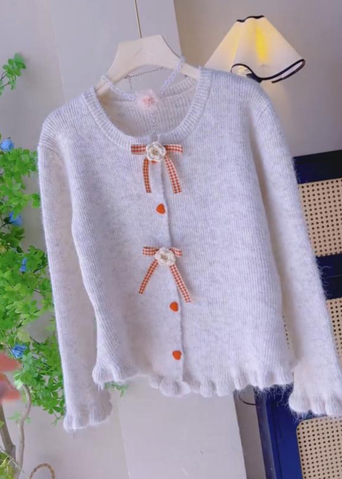 French Beige Ruffled Floral Knit Sweaters Spring