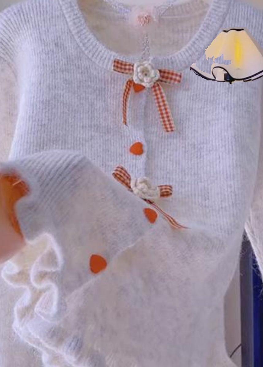 French Beige Ruffled Floral Knit Sweaters Spring