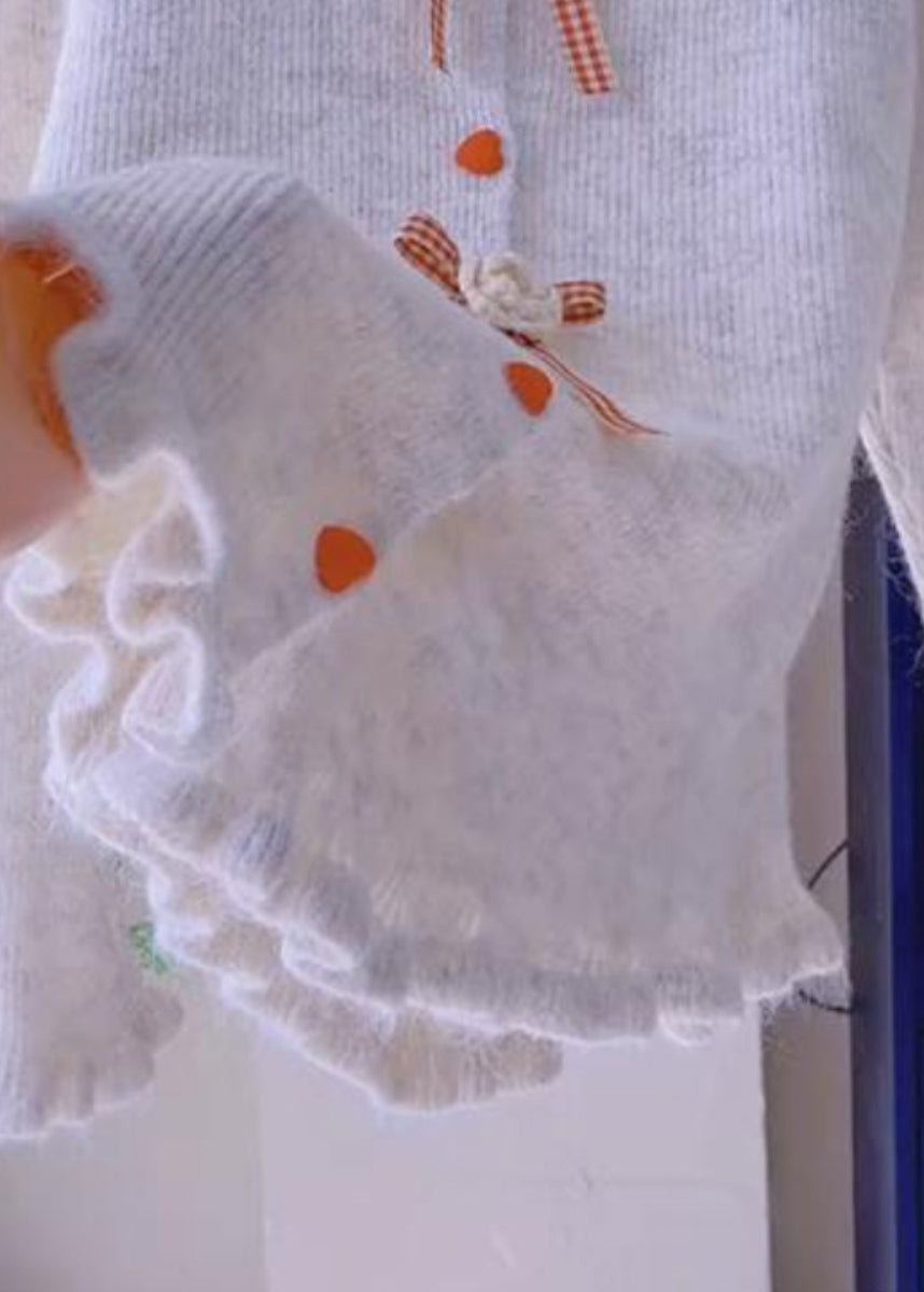 French Beige Ruffled Floral Knit Sweaters Spring