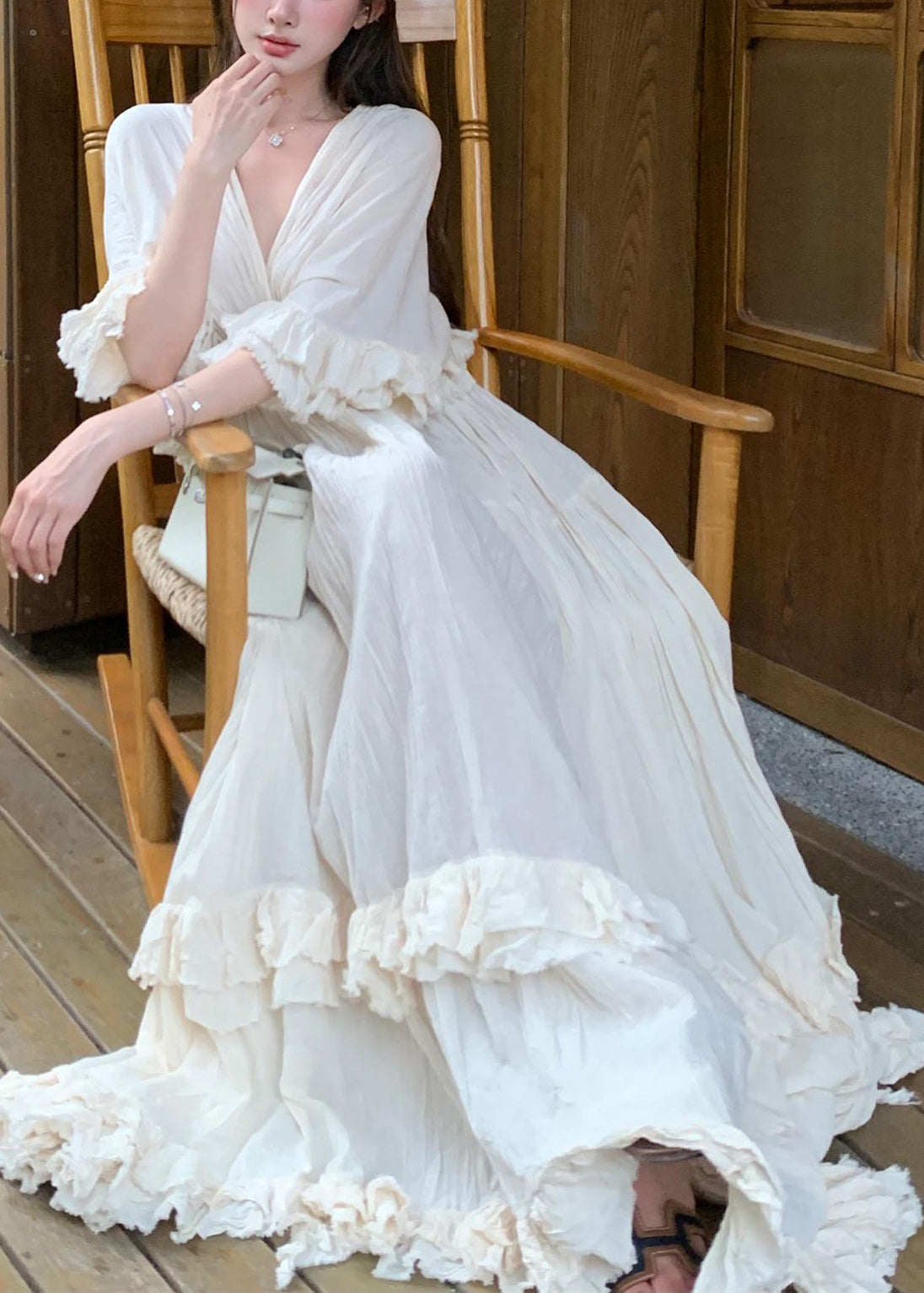 French Beige Ruffled Patchwork Cotton Long Dresses Summer