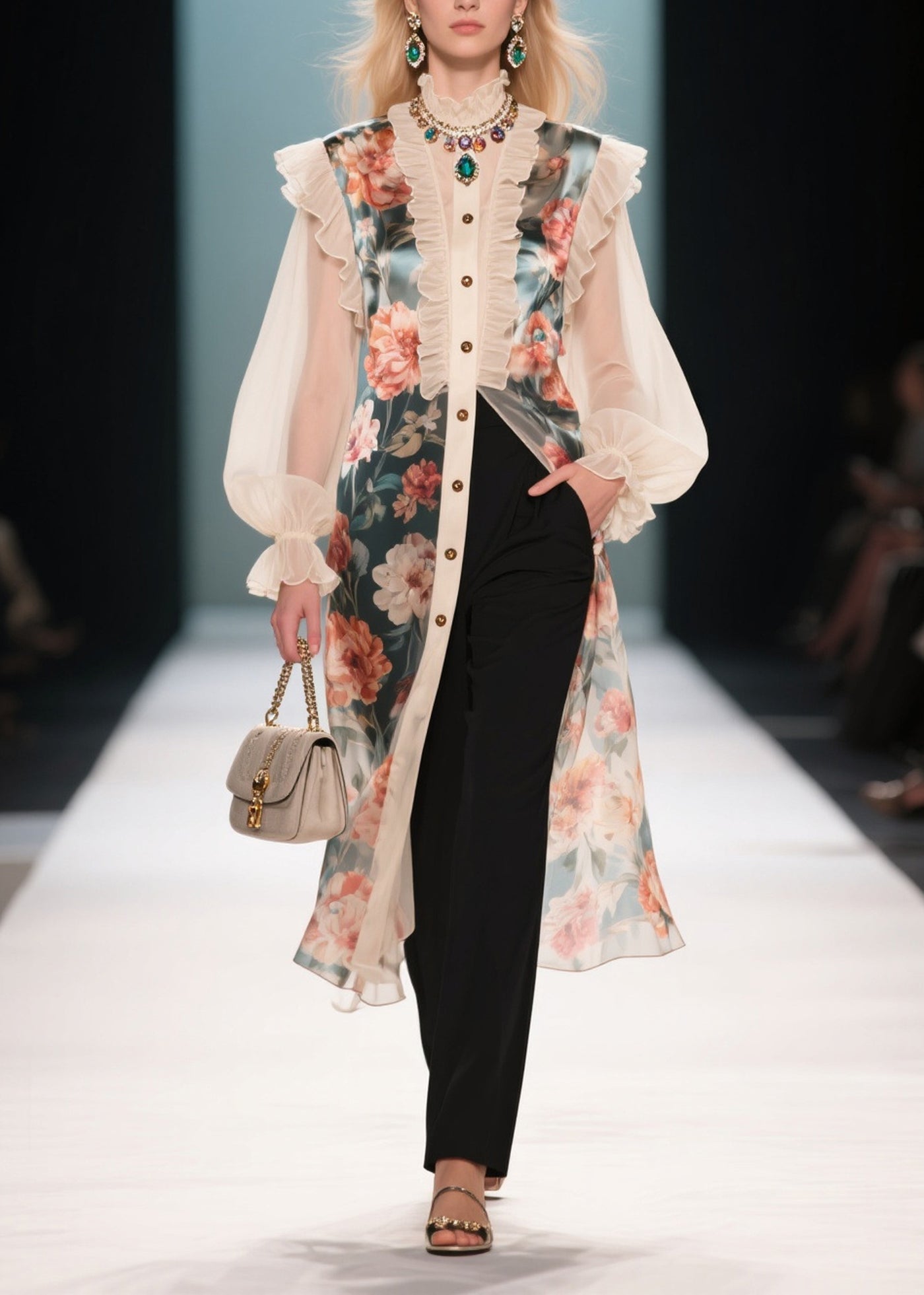 French Beige Ruffled Patchwork Print Chiffon Shirt Dresses Summer