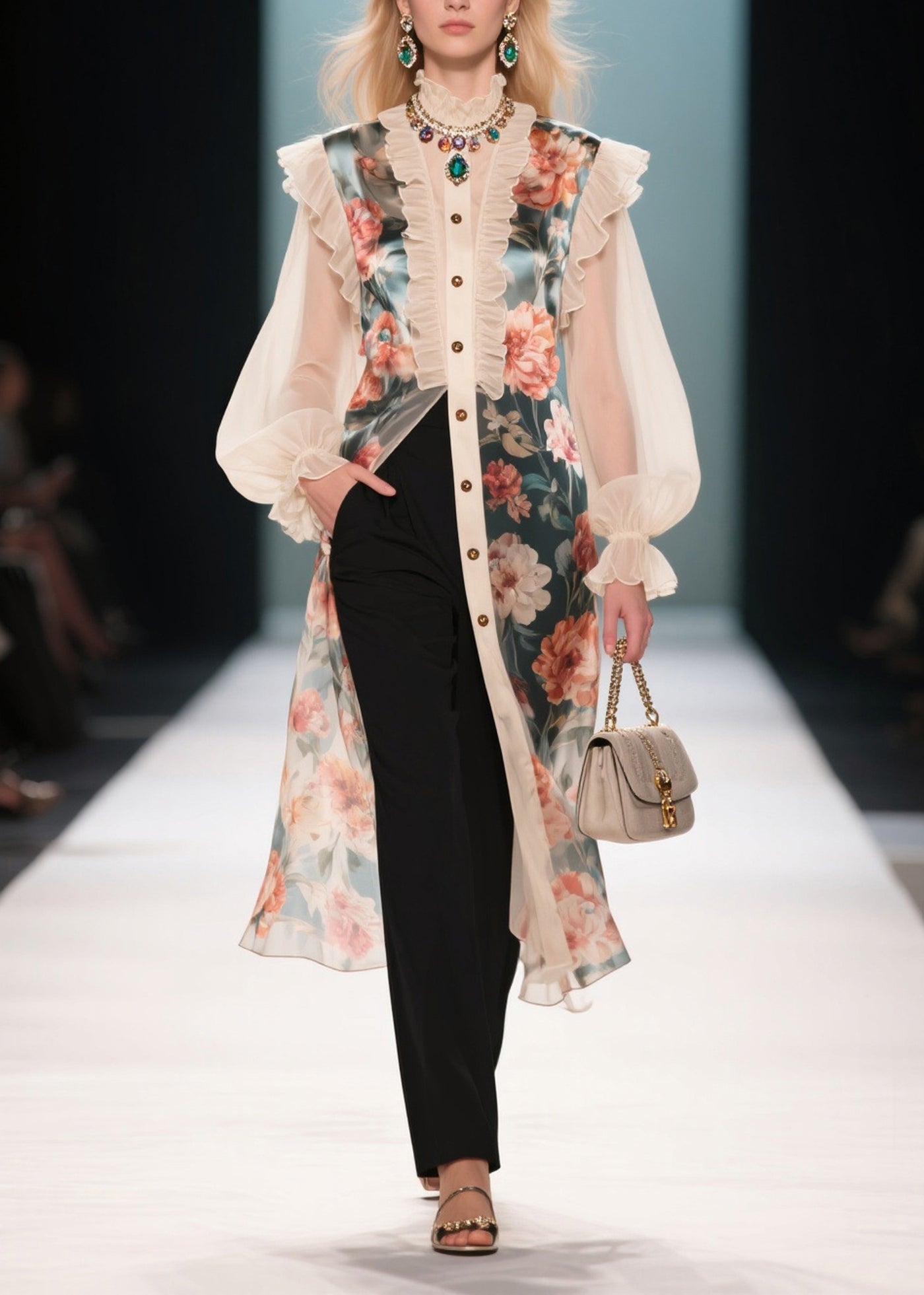 French Beige Ruffled Patchwork Print Chiffon Shirt Dresses Summer