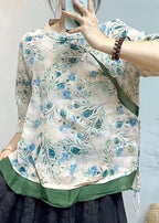 French Beige Stand Collar Button Print Linen Shirt Half Sleeve