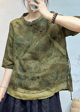 Load image into Gallery viewer, French Beige Stand Collar Button Print Linen Shirt Half Sleeve