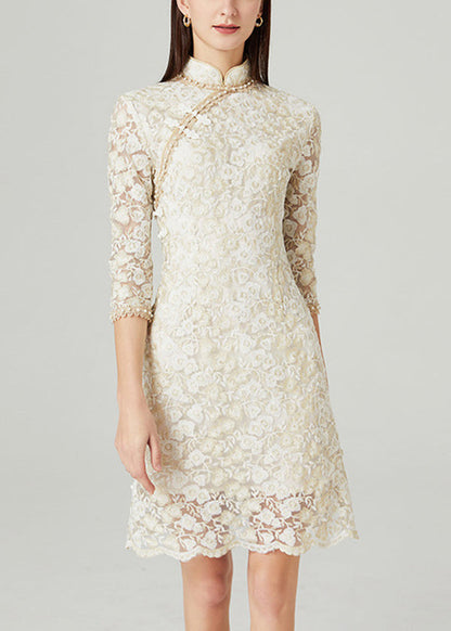 French Beige Stand Collar Nail Bead Oriental Button Lace Mid Dress Spring