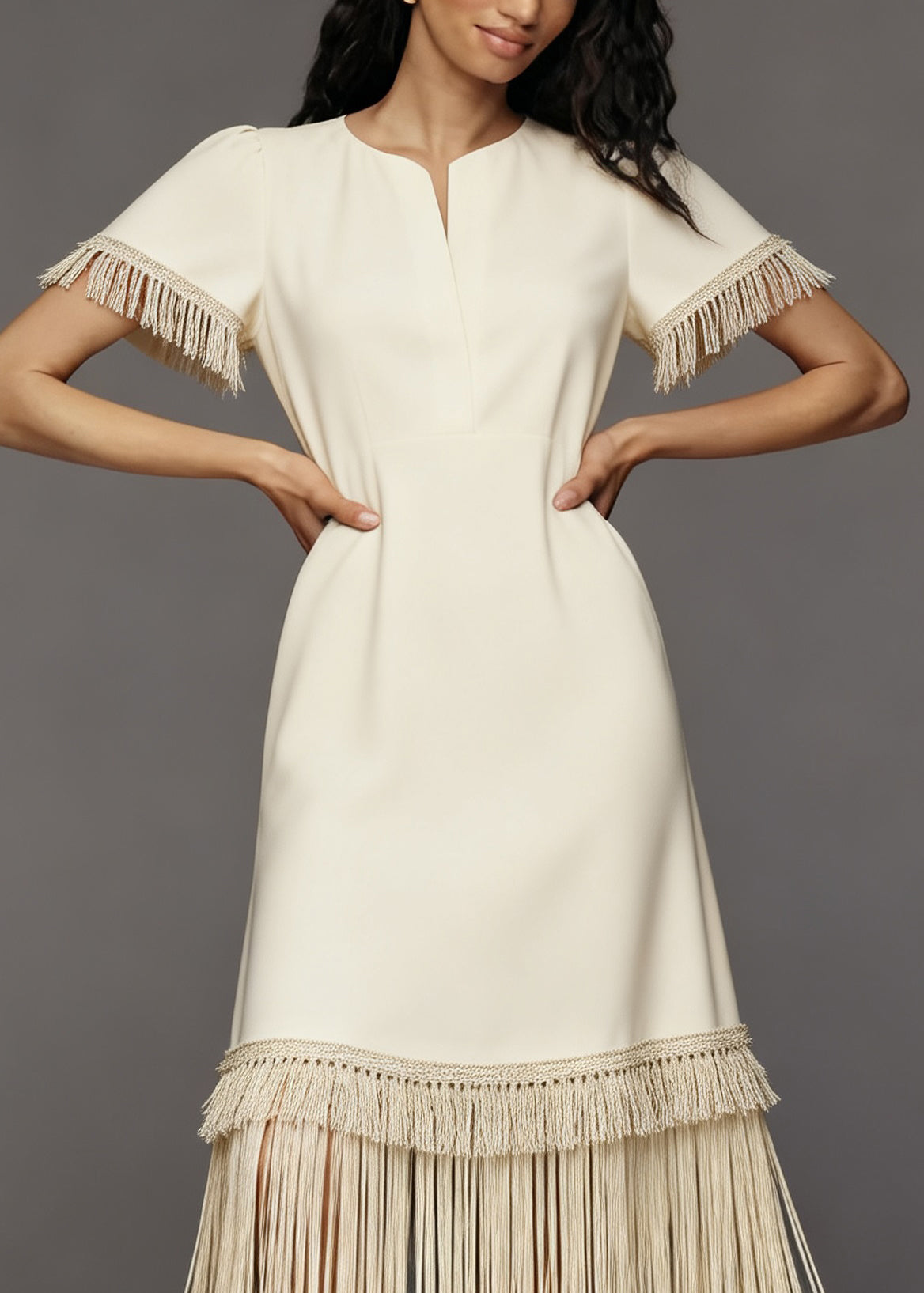 French Beige Tasseled Patchwork Cotton Maxi Dresses Summer