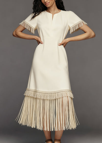 French Beige Tasseled Patchwork Cotton Maxi Dresses Summer