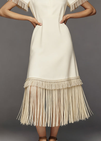 French Beige Tasseled Patchwork Cotton Maxi Dresses Summer