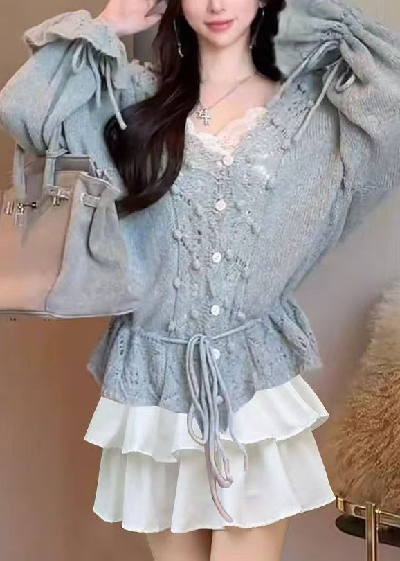 French Beige V Neck Hollow Out Knit Sweater Winter