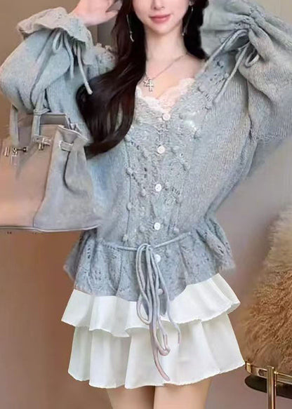 French Beige V Neck Hollow Out Knit Sweater Winter