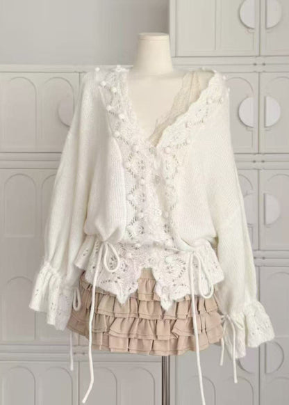 French Beige V Neck Hollow Out Knit Sweater Winter