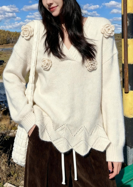 French Beige V Neck Hollow Out Rose Thick Cotton Knit Sweater Spring