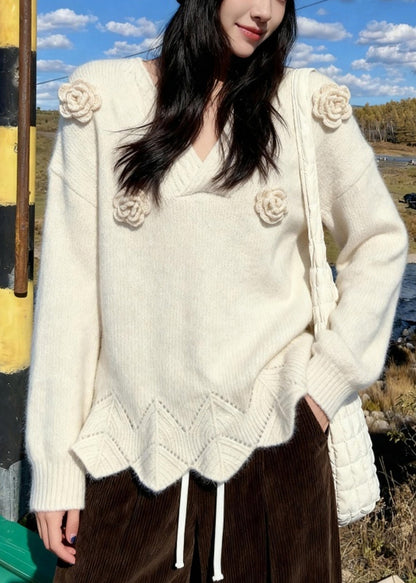 French Beige V Neck Hollow Out Rose Thick Cotton Knit Sweater Spring