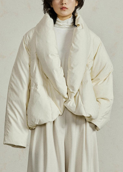 French Beige V Neck Patchwork Down Coat Winter