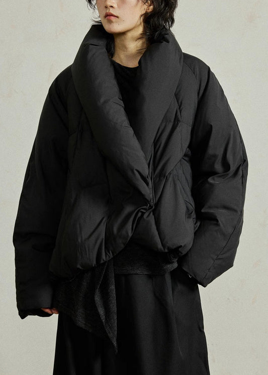 French Beige V Neck Patchwork Down Coat Winter