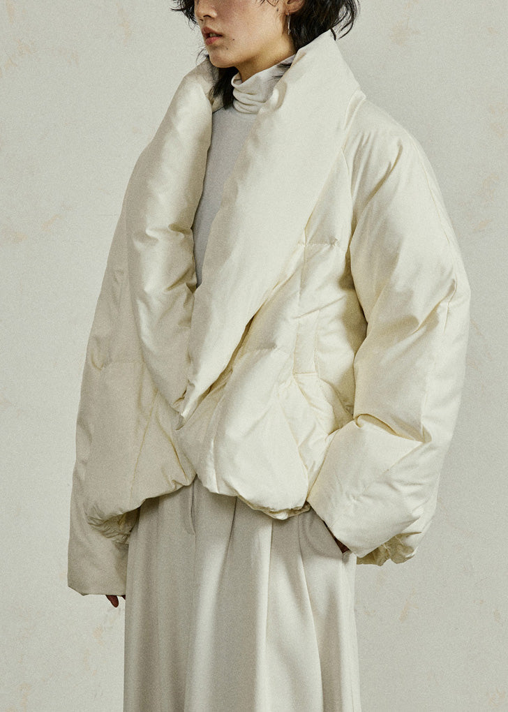 French Beige V Neck Patchwork Down Coat Winter