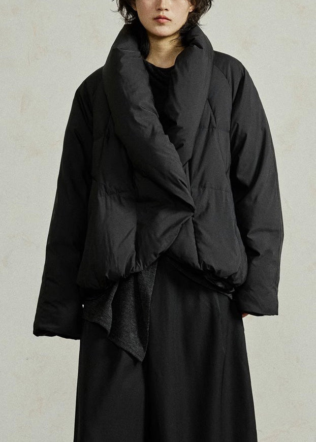 French Beige V Neck Patchwork Down Coat Winter