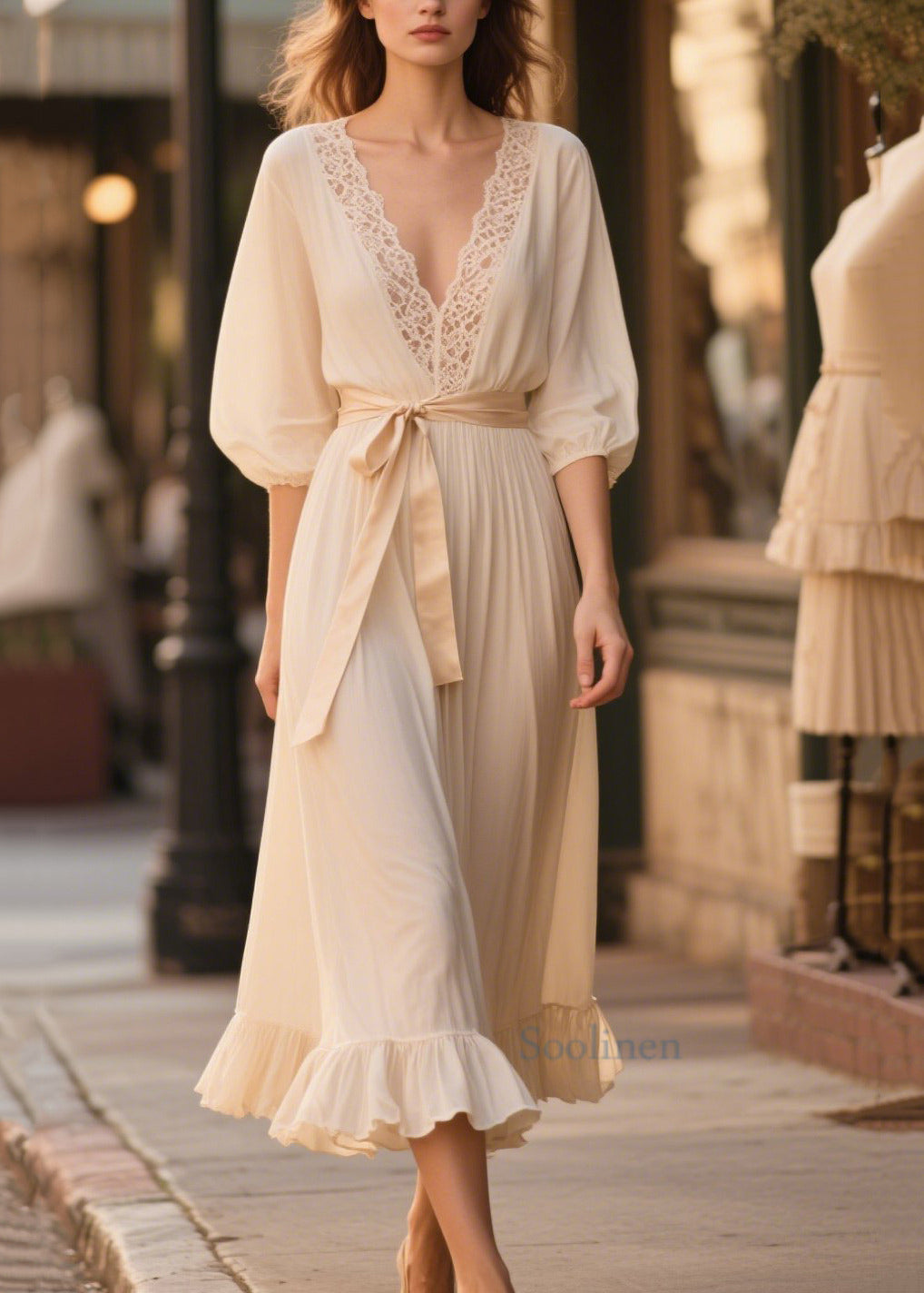 French Beige V Neck Patchwork Lace Chiffon Tunic Dress Summer