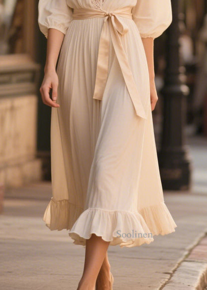 French Beige V Neck Patchwork Lace Chiffon Tunic Dress Summer