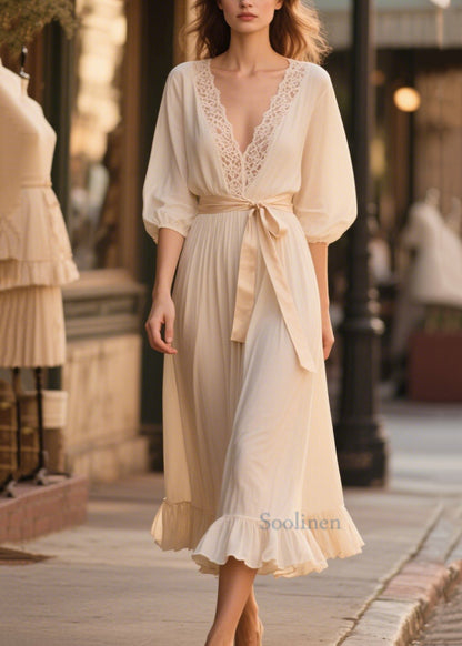 French Beige V Neck Patchwork Lace Chiffon Tunic Dress Summer