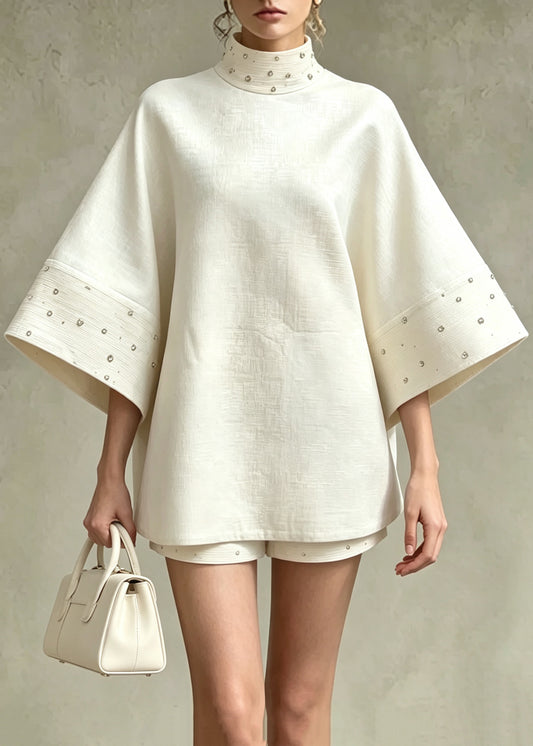 French Beige White Stand Collar Nail Bead Top And Shorts Two Pieces Set Flare Sleeve