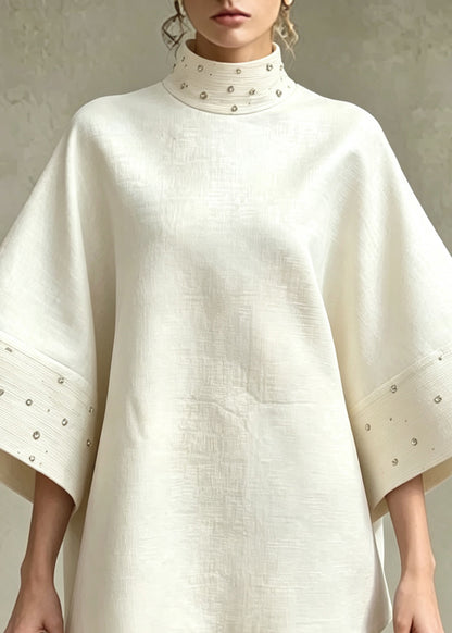 French Beige White Stand Collar Nail Bead Top And Shorts Two Pieces Set Flare Sleeve