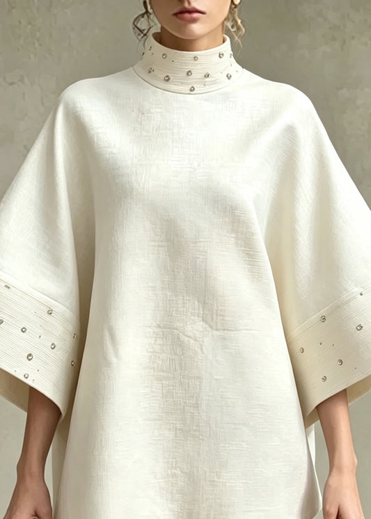 French Beige White Stand Collar Nail Bead Top And Shorts Two Pieces Set Flare Sleeve