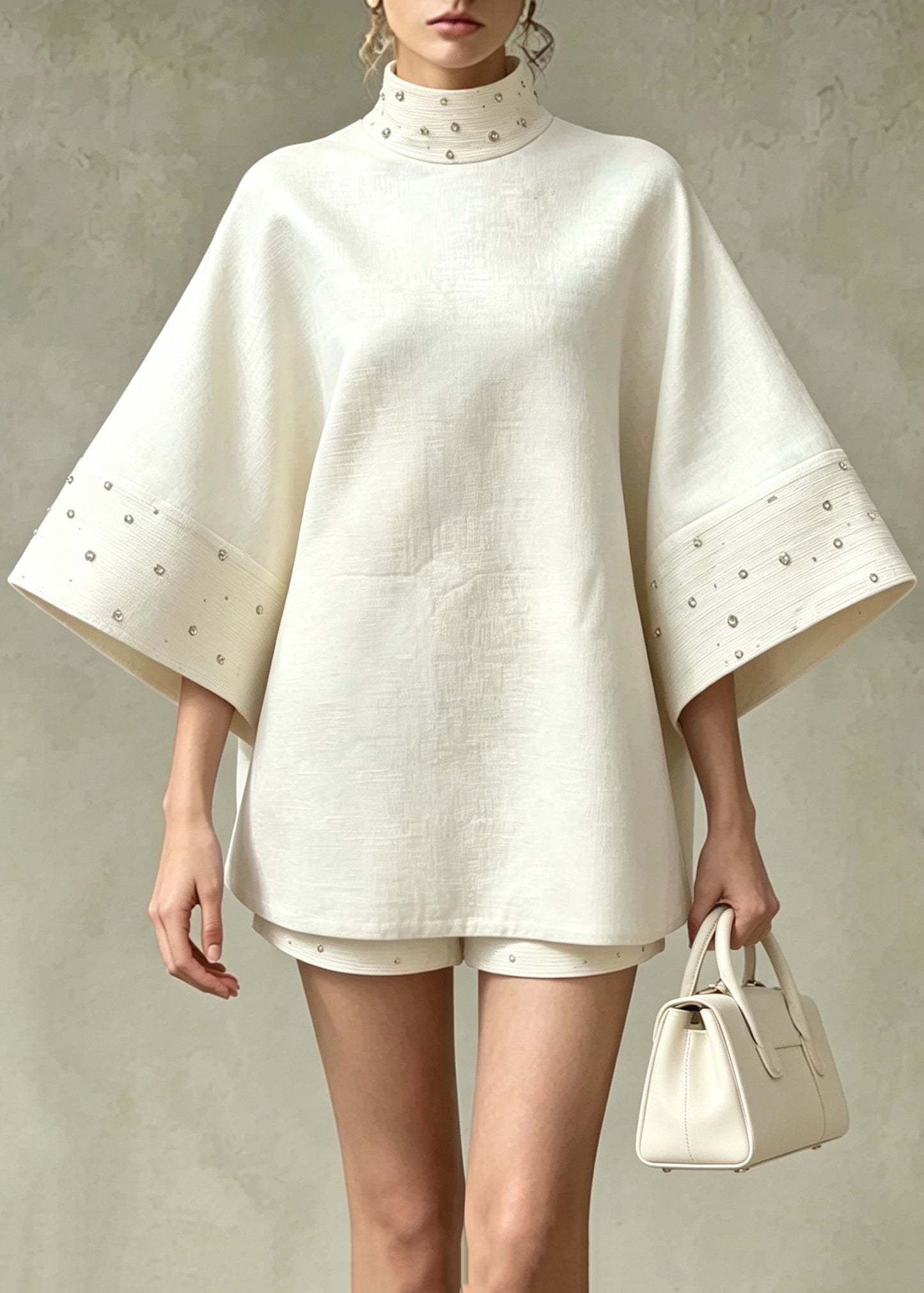 French Beige White Stand Collar Nail Bead Top And Shorts Two Pieces Set Flare Sleeve