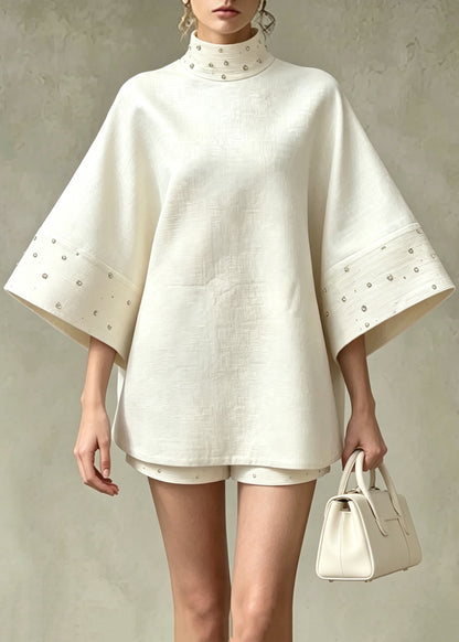 French Beige White Stand Collar Nail Bead Top And Shorts Two Pieces Set Flare Sleeve