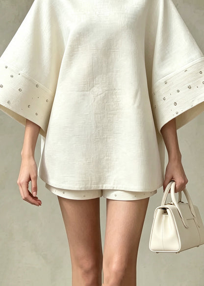 French Beige White Stand Collar Nail Bead Top And Shorts Two Pieces Set Flare Sleeve