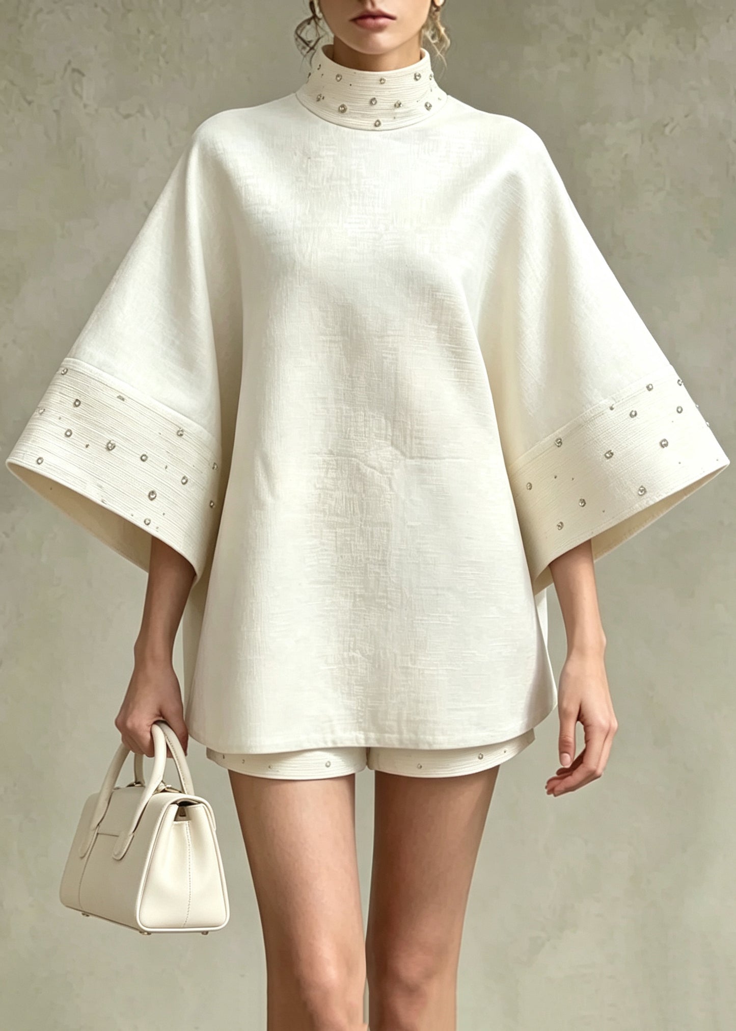 French Beige White Stand Collar Nail Bead Top And Shorts Two Pieces Set Flare Sleeve