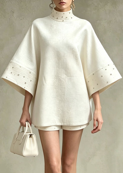 French Beige White Stand Collar Nail Bead Top And Shorts Two Pieces Set Flare Sleeve