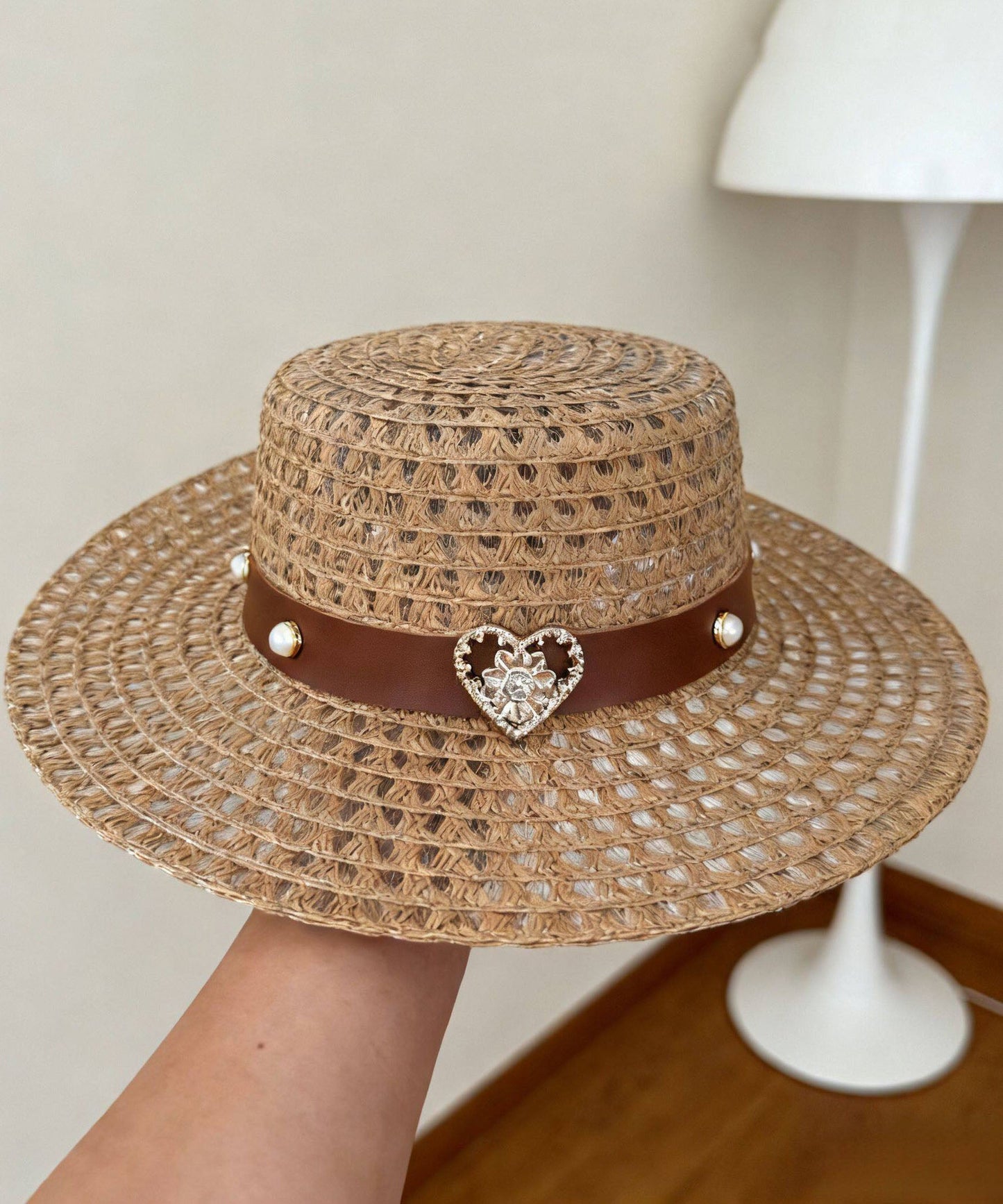 French Beige Zircon Heart-Shaped Hollow Out Breathable Sun Hat