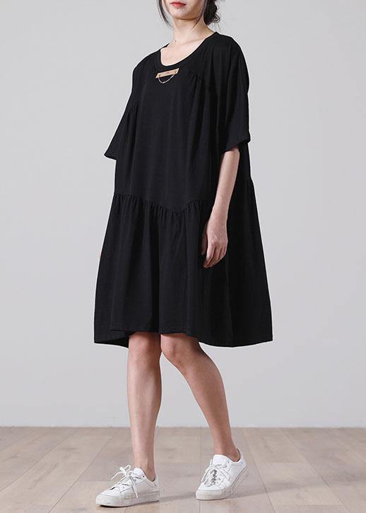 French Black Asymmetrical Cotton Dress Summer Dresses - SooLinen