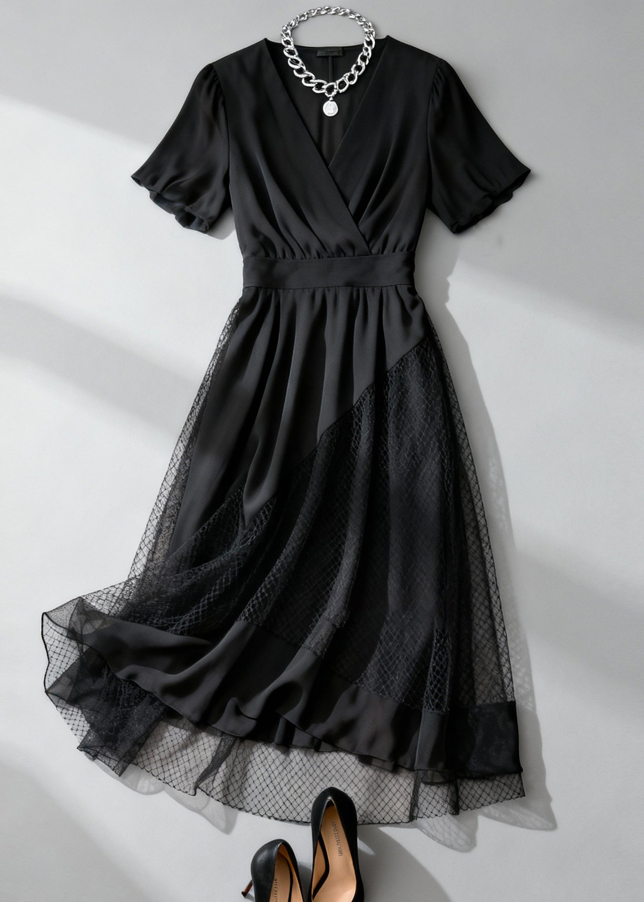 French Black Asymmetrical Design Hollow Out Tulle Patchwork Long Dress Summer