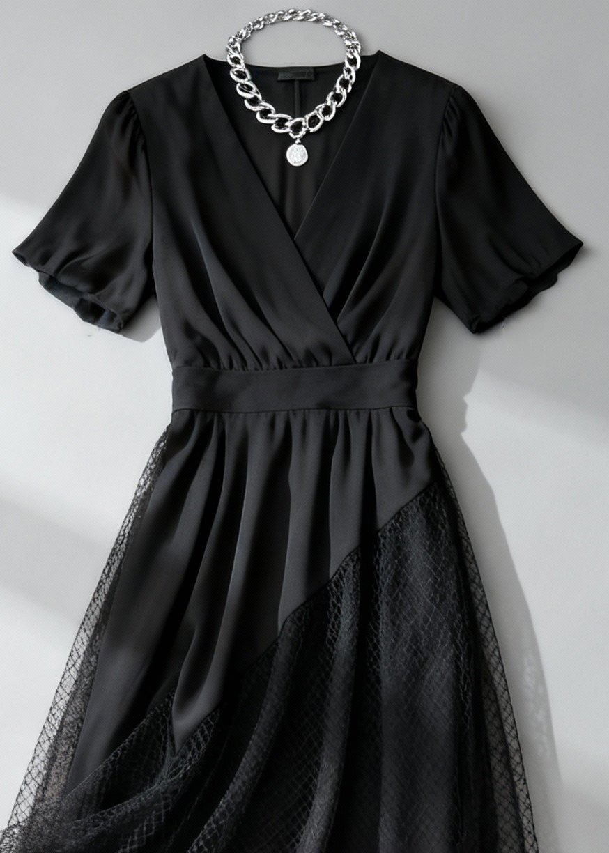 French Black Asymmetrical Design Hollow Out Tulle Patchwork Long Dress Summer