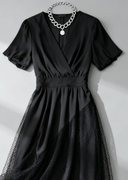 French Black Asymmetrical Design Hollow Out Tulle Patchwork Long Dress Summer