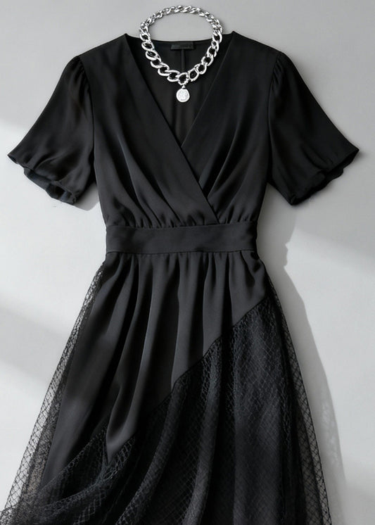 French Black Asymmetrical Design Hollow Out Tulle Patchwork Long Dress Summer