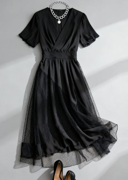 French Black Asymmetrical Design Hollow Out Tulle Patchwork Long Dress Summer